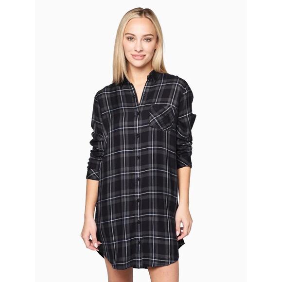 Rails Bianca Flannel Shirt Dress Women's Buttondown Small Grey Black Plaid Cozy - Picture 1 of 6